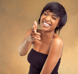 You, pointing or portrait of black woman with hair care for keratin growth, healthy shine or...