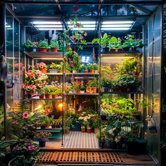 Greenhouse filled with lots of different types of plants and potted plants.