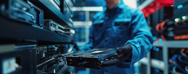 An expert technician use hard disc to diagnose and inspect server hardware components in a data center