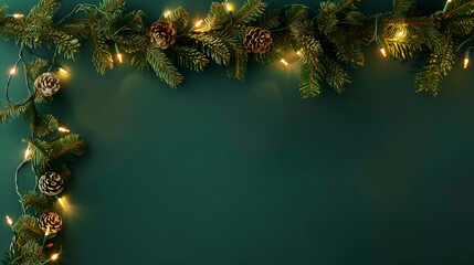 A green background with Christmas lights and ornaments