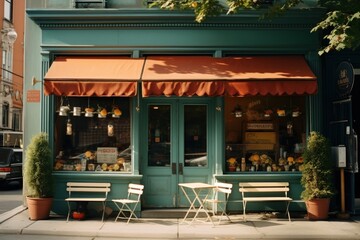 Independent coffee shop restaurant furniture awning.