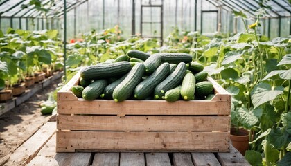 Freshly picked organic cucumbers in boxes on background of planted green bushes in greenhouse. Harvest time. A rustic crate brims with cool, refreshing cucumbers, ready for summer salads and snacks.