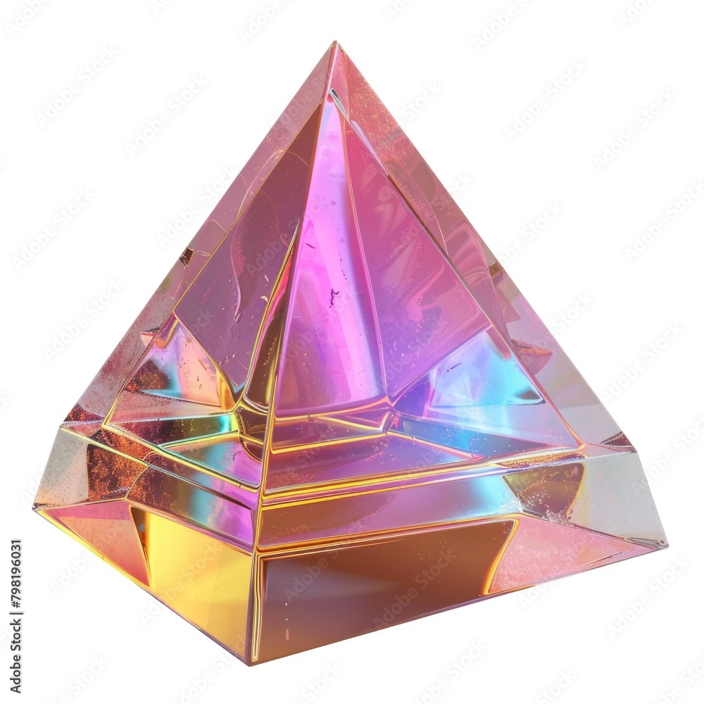 Poster a close-up of a holographic pyramid with a dynamic color shift