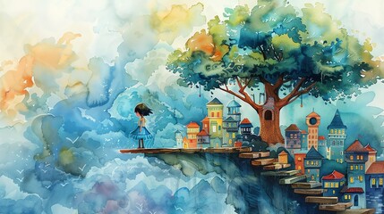 Capture a whimsical scene of a young child reaching educational milestones, seen from a worms-eye view Use watercolor to portray the childs growth through colorful, playful imagery - obrazy, fototapety, plakaty