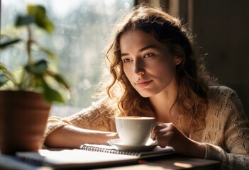Woman sipping coffee while working on laptop. The morning light creates a serene workspace atmosphere.