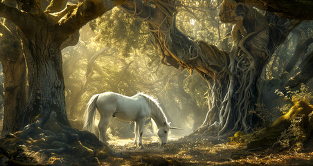 A mystical forest scene with a white unicorn grazing beneath ancient trees