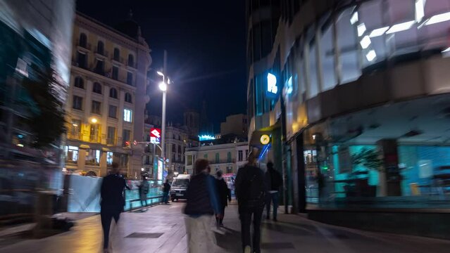 night time barcelona city famous old town road trip walking pov panorama 4k timelapse spain  