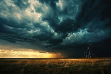 A lightning storm thunderstorm outdoors horizon.