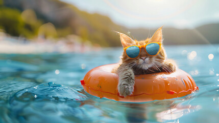 Funny cute cat Wearing sunglasses on ring
