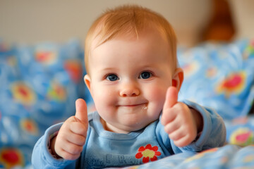 Fototapeta premium Baby giving thumbs up while laying on bed with blanket.