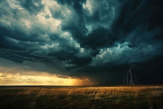 Fototapeta A lightning storm thunderstorm outdoors horizon.