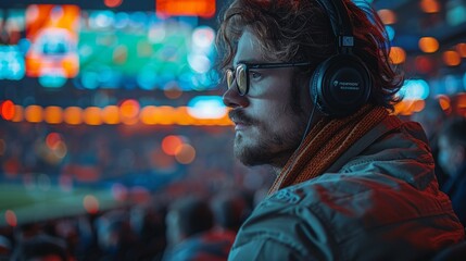 Man Wearing Headphones in Front of a Crowd. Generative AI