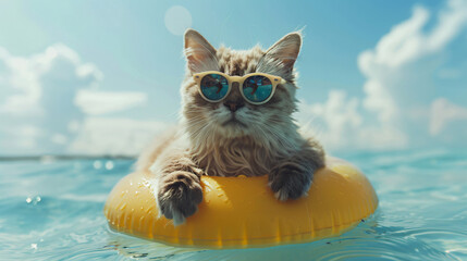 Funny cute cat Wearing sunglasses on ring