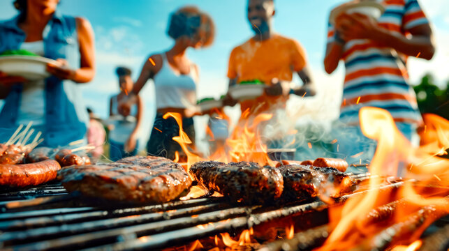 Group of people grilling hamburgers and hot dogs on grill.