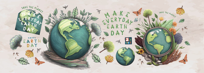 Happy Earth Day! Vector eco illustration for social poster, banner or card on the theme of saving the planet. Make everyday earth day	
