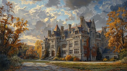 Capture the essence of education with a detailed oil painting of a grand stone building as the...