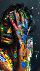 Woman's face covered in paint with her hands on her face.