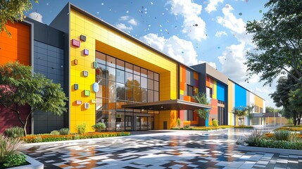Bring to life a digital rendering of a futuristic school facade featuring vibrant, pixelated subject icons floating around the entrance Use bold colors and clean lines for a modern touch - obrazy, fototapety, plakaty