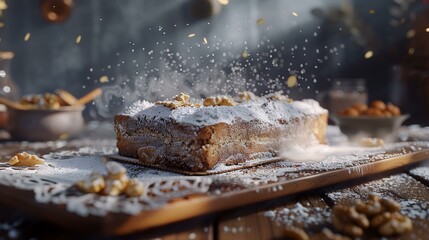 Sliced cake with walnuts and powdered sugar on a wooden table