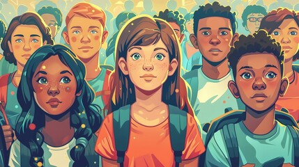 Illustrate the theme of classroom diversity and inclusion using a unique vector art style Depict a harmonious blend of students from different backgrounds, all actively participating in a lesson while