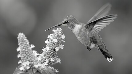 Fototapeta premium A B&W photo shows a hummingbird hovering over a flower with wings spread wide