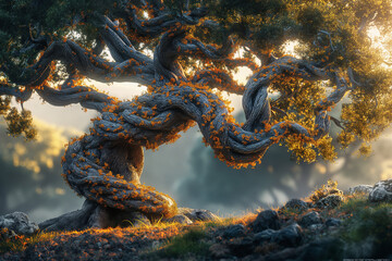 The illustration of the intricately woven twisted trunks and branches of a tree is a natural work of art, full of mystery and beauty