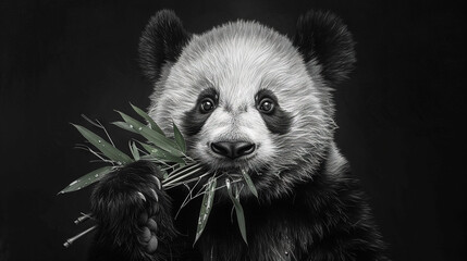   A monochrome image of a pandemonium bear munching on foliage and gazing into the lens