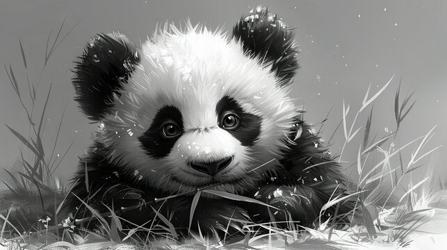  Monochrome photo of a panda in grass, looking sad at camera