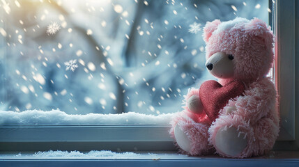 An endearing pink teddy bear sitting on a window ledge against a backdrop of a snowy winter...