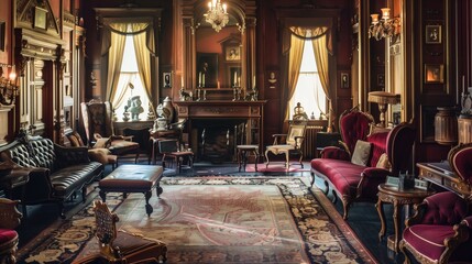A Victorian-style parlor with plush velvet furniture, ornate woodwork, and antique decor.