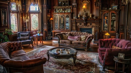 A Victorian-style parlor with plush velvet furniture, ornate woodwork, and antique decor.