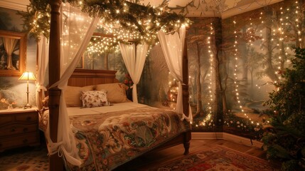 A whimsical fairy tale bedroom with a canopy bed, twinkling string lights, and enchanted forest wallpaper.