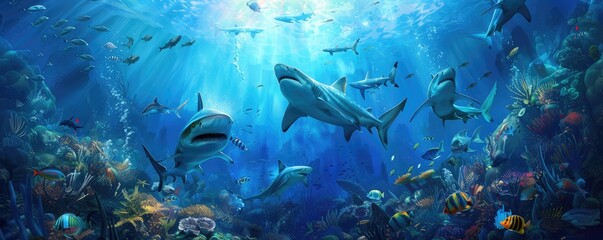 An underwater odyssey with multiple sharks and fish swimming amongst rays of light in the deep blue ocean.