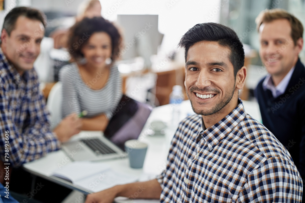 Canvas Prints Coworking, meeting and portrait of creative businessman with teamwork on project with research. Group, collaboration and employees at desk editing news, article or planning magazine media with info