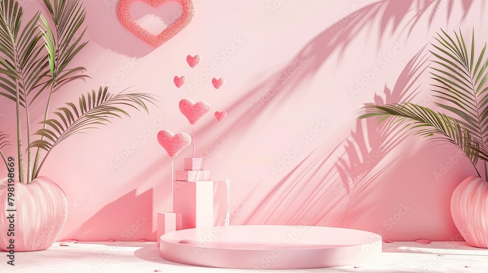 Poster a simple and chic setting featuring a podium and charming heart shapes against a soft pink backdrop 