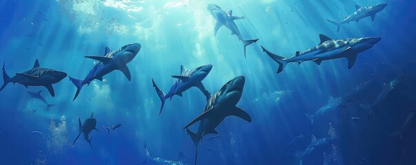 An underwater odyssey with multiple sharks and fish swimming amongst rays of light in the deep blue ocean. - obrazy, fototapety, plakaty
