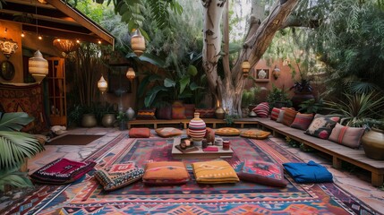 Bohemian-inspired outdoor patio with colorful rugs and low seating