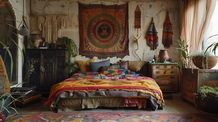Bohemian bedroom with layered textiles and eclectic accessories