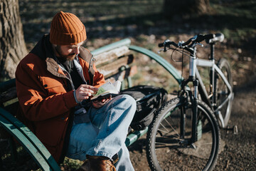 A relaxed man reading a book on a bench outdoors, his bicycle leaning nearby, on a bright, sunny...
