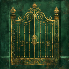 Ornate Oasis: Ornamental Garden Gate Illustration on Rich Emerald