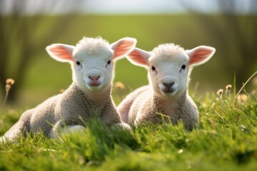 Naklejka na ściany i meble Lambs livestock grassland outdoors.