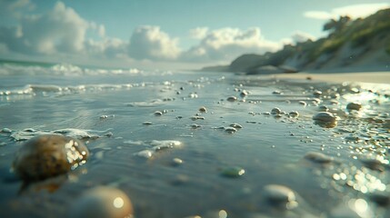   A beach with ample water coverage adjacent to a sandy shore featuring numerous small water bubbles