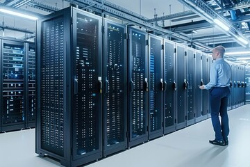 Modern interior of server room in datacenter electronics hardware computer.