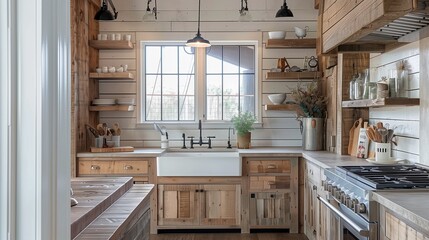 Farmhouse kitchen with rustic wooden accents and farmhouse sink