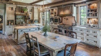 Fototapeta premium French country kitchen with distressed cabinetry and a farmhouse table