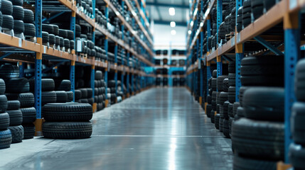 Piles of car tires in the factory storage area