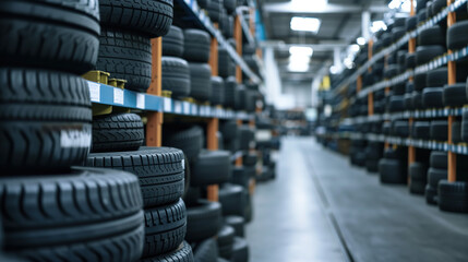 Stacks of automobile tires in the factory storage zone