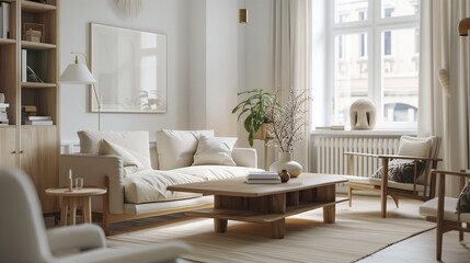 Obraz premium Minimalist living room with Scandinavian furniture and neutral tones