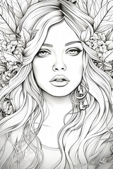 Coloring page beautiful woman with flowers
