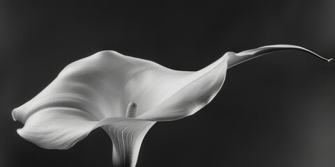 Elegant calla lily with sleek white petals, Minimalist composition with negative space, black background.